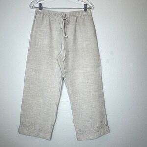 VAN HEUSEN Linen Blend Pull-On Cropped Pants SMALL Tan‎ Embroidered Hem Wide Leg